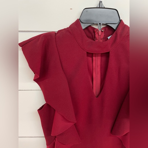 She + Sky Red Wine Dress Flair Ruffle Sleeves - Picture 6 of 7